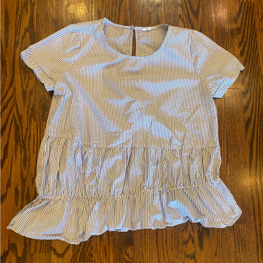 Pleione Babydoll Top Striped Short Sleeve Ruffled Hem Casual Everyday Shirt Med